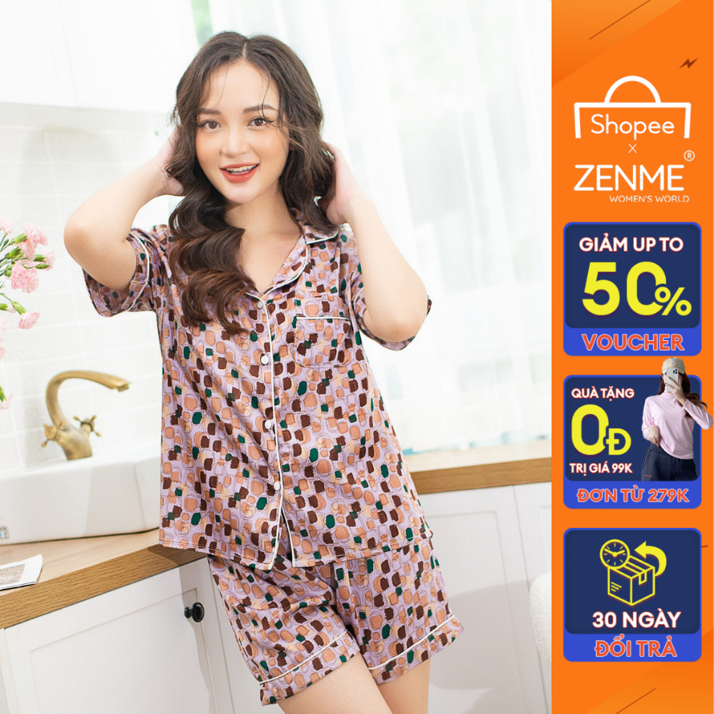 Bộ mặc nhà, đồ ngủ Pijama Lụa Latin họa tiết đơn giản PJC0523,  Zen Me Women's World