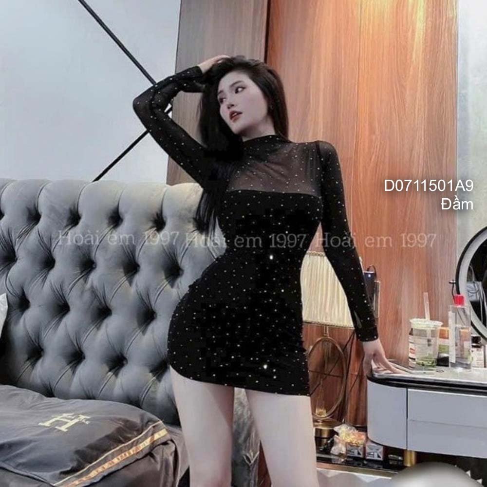 Đầm đen lưới ôm body đính đá tay dài siêu sang chảnh!