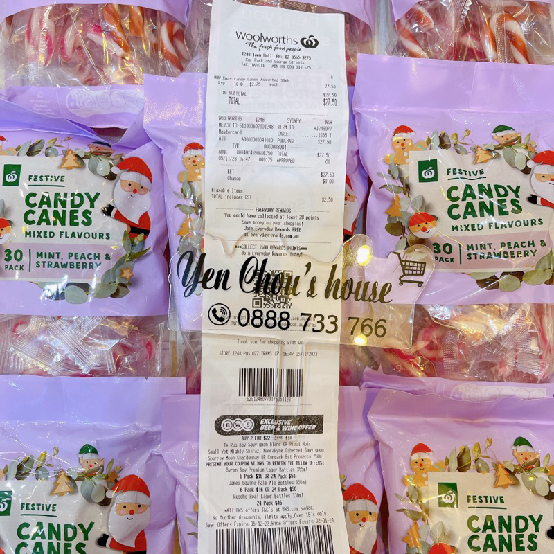 Kẹo gậy mini Festive Candy Canes mixed bạc hà ,dâu ,đào -30 cây