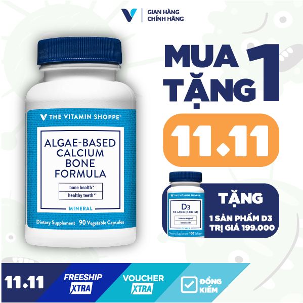 Viên uống bổ sung canxi hữu cơ, chiết xuất tảo biển THE VITAMIN SHOPPE Algae-Based Calcium Bone Formula 90 viên