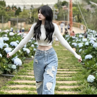 Áo croptop ôm body tay dài lông thỏ xinh sắn