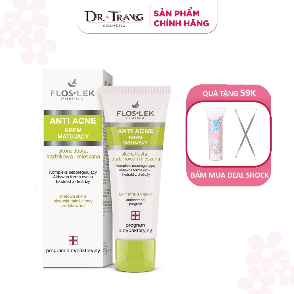 Kem dưỡng giảm mụn Floslek Anti Acne Mattifying Cream, kiểm soát chất nhờn, kháng khuẩn
