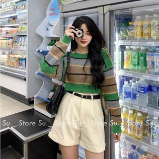 Set short kaki + áo len sọc xanh QC