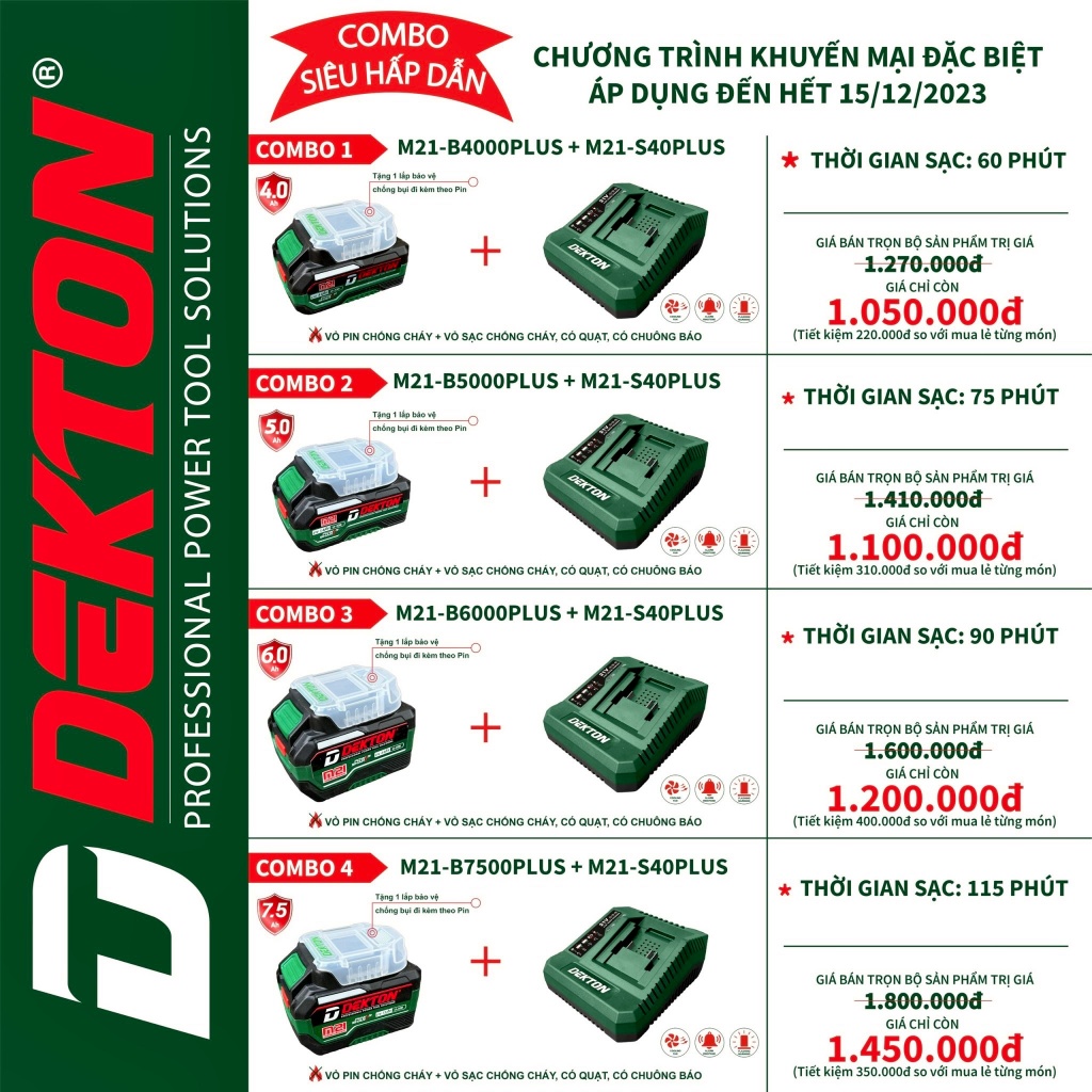 Combo Pin Dekton M21+ Sạc M21-S40PLUS