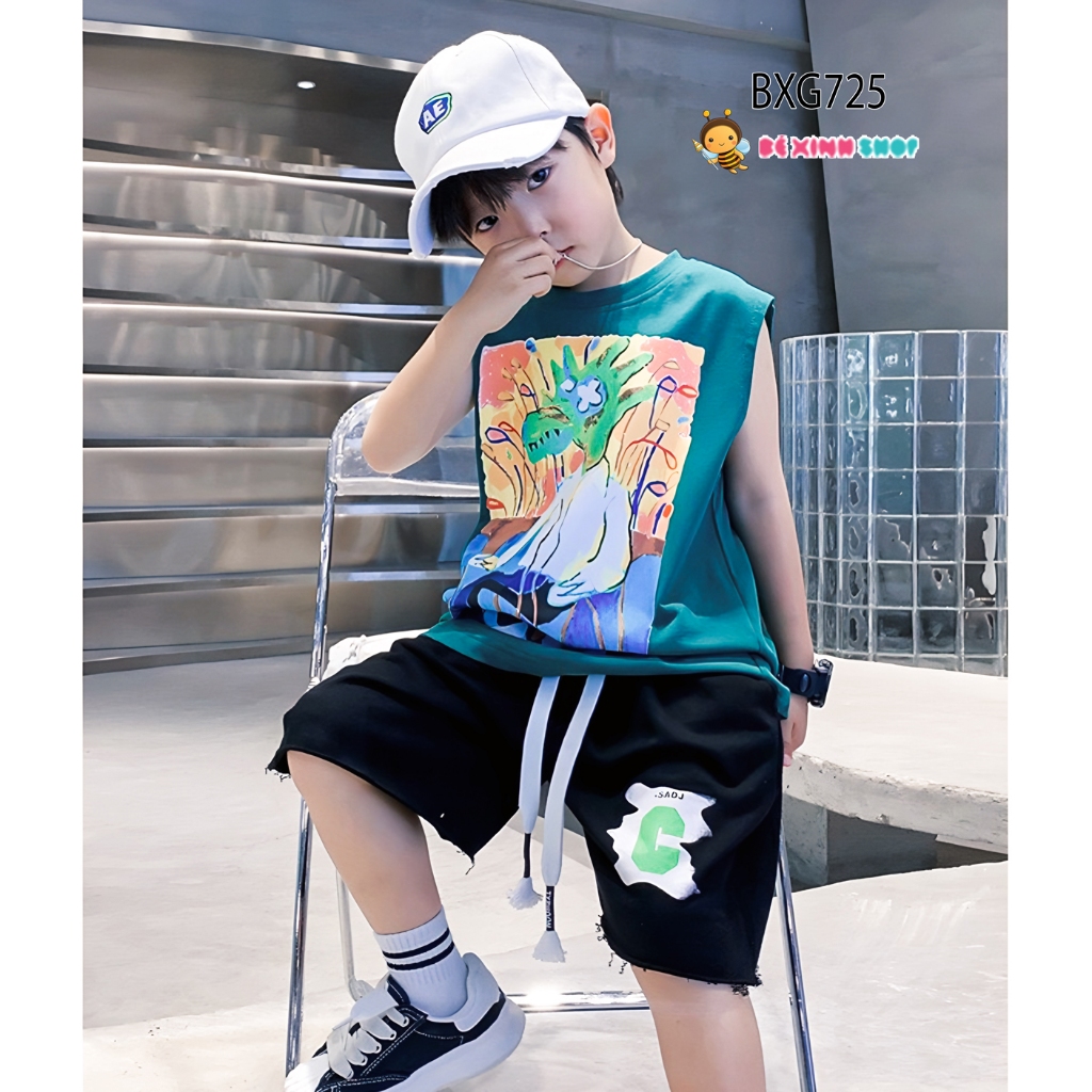 Set áo tay lỡ đồ hoạ quần thun da cá dễ thương cho bé trai BXG724