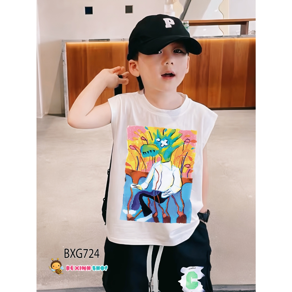 Set áo tay lỡ đồ hoạ quần thun da cá dễ thương cho bé trai BXG724