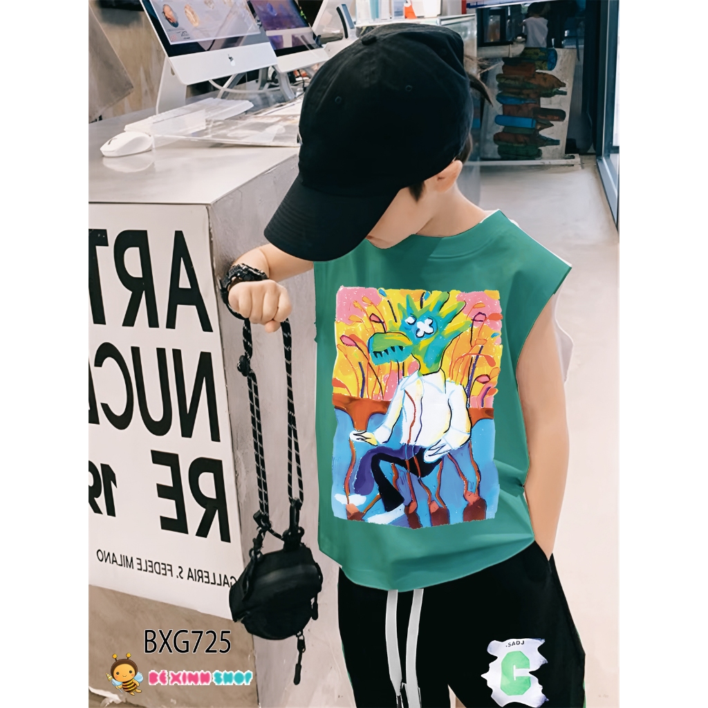 Set áo tay lỡ đồ hoạ quần thun da cá dễ thương cho bé trai BXG724