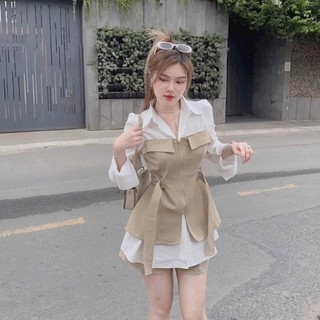 Set đùi 2 món áo kiểu dài tay cổ sơ mi kèm quần đùi y hình