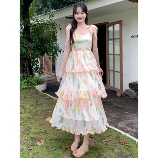 Váy Voan Hoa Xòe Tầng Mocking Lưng Sau - HT0021