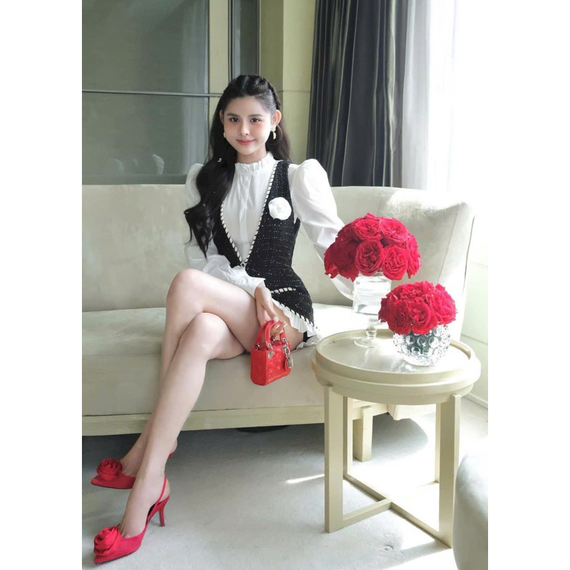 Set áo sơ mi + yếm jum quần xếp lai