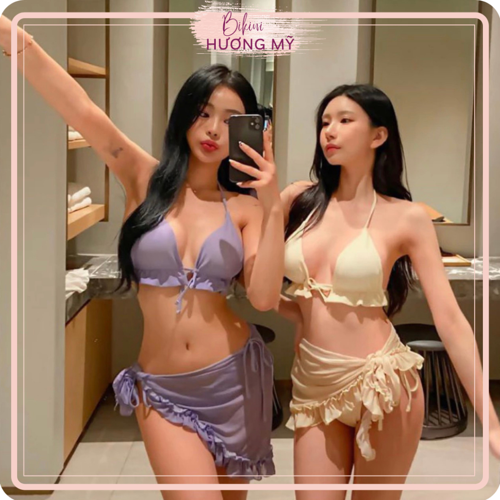 Set bikini đồ bơi 3 mảnh áo bèo,quần lọt khe kèm khăn quấn lai bèo