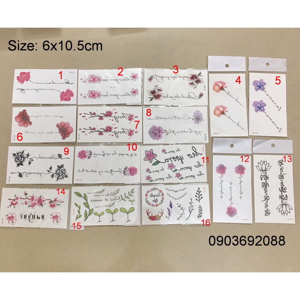Tattoo hoa + chữ size 10.5 x 6cm nhiều mẫu, Hình Xăm Dán xương quai xanh, Sticker Tattoo Flower HCM