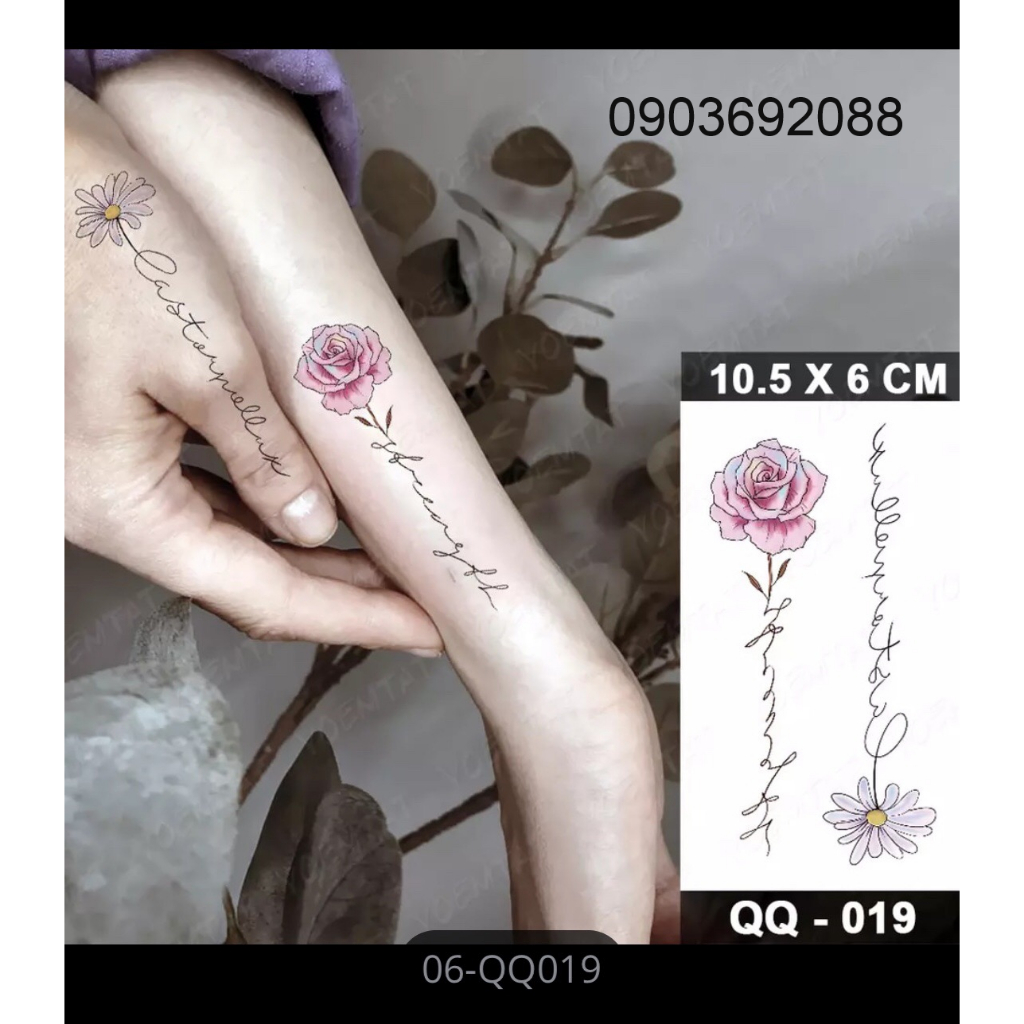 Tattoo hoa + chữ size 10.5 x 6cm nhiều mẫu, Hình Xăm Dán xương quai xanh, Sticker Tattoo Flower HCM