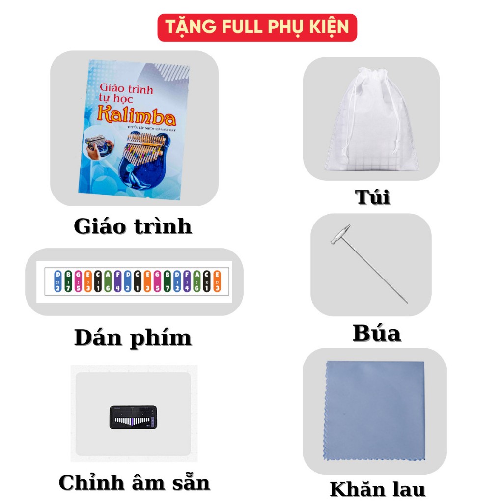 Đàn Kalimba Trơn 17 Phím Tặng Đầy Đủ Phụ Kiện Túi, Búa, Hướng Dẫn, Khăn Lau, Dán Phím