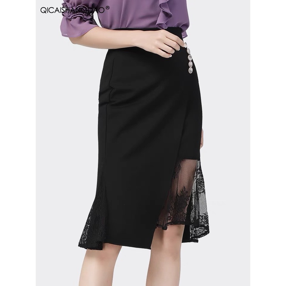 Chân váy nữ phối ren Bigsize 45-90Kg chữ A che khuyết điểm chất tuyết mưa Hàn+Ren cho dân văn phòng dài 73cm