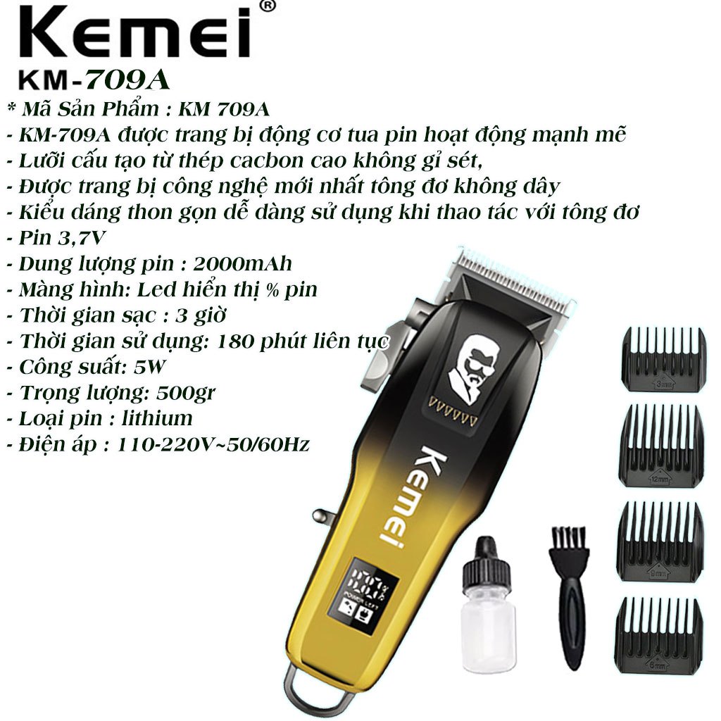 Tang đơ cắt tóc gia đình KEMEI 709A Chính Hãng, tăng đơ cắt tóc chuyên nghiệp, không dây, lưỡi dao sắc bén, pin trâu