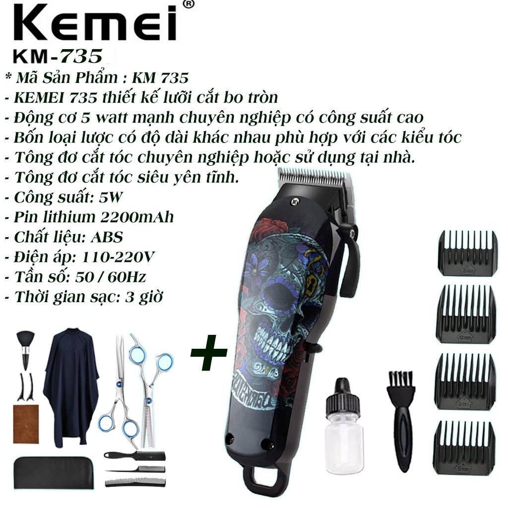 Tăng đơ cắt tóc chuyên nghiệp Kemei 735 chính hãng, tông đơ cắt tóc gia đình, máy khỏe, pin trâu, lưỡi sắc, không dây