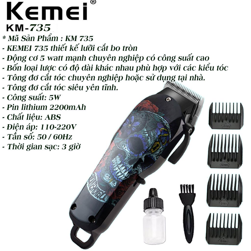 Tăng đơ cắt tóc chuyên nghiệp Kemei 735 chính hãng, tông đơ cắt tóc gia đình, máy khỏe, pin trâu, lưỡi sắc, không dây