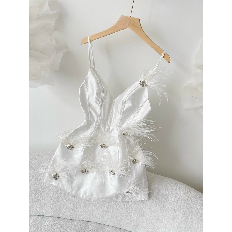 Váy 2 dây cổ khoét sâu , chất Tafta đính lông vũ và đá toàn thân tháy.