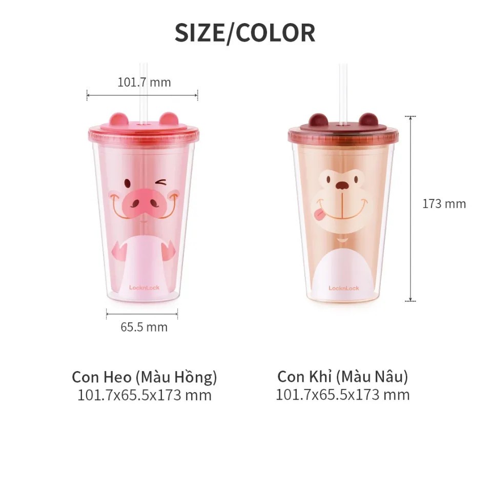 Ly nhựa 2 lớp LocknLock Animal 520ml  HAP511PIK in hình heo - Màu hồng / khỉ - Màu nâu