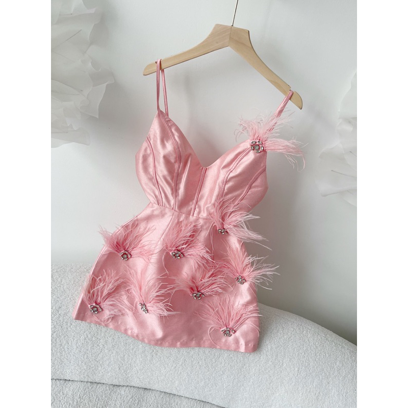 Váy 2 dây cổ khoét sâu , chất Tafta đính lông vũ và đá toàn thân tháy.