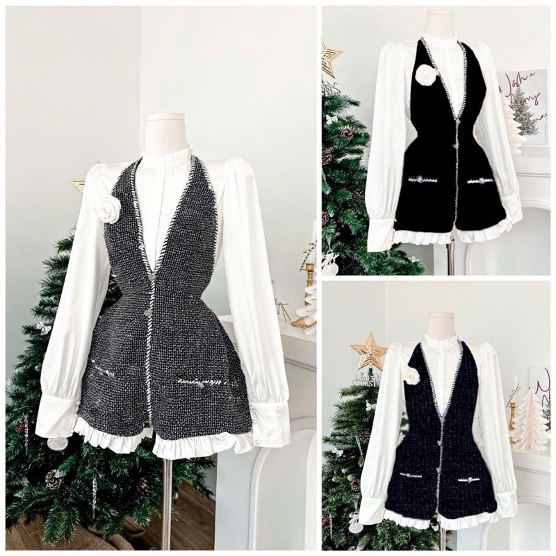 Set áo sơ mi + yếm jum quần xếp lai