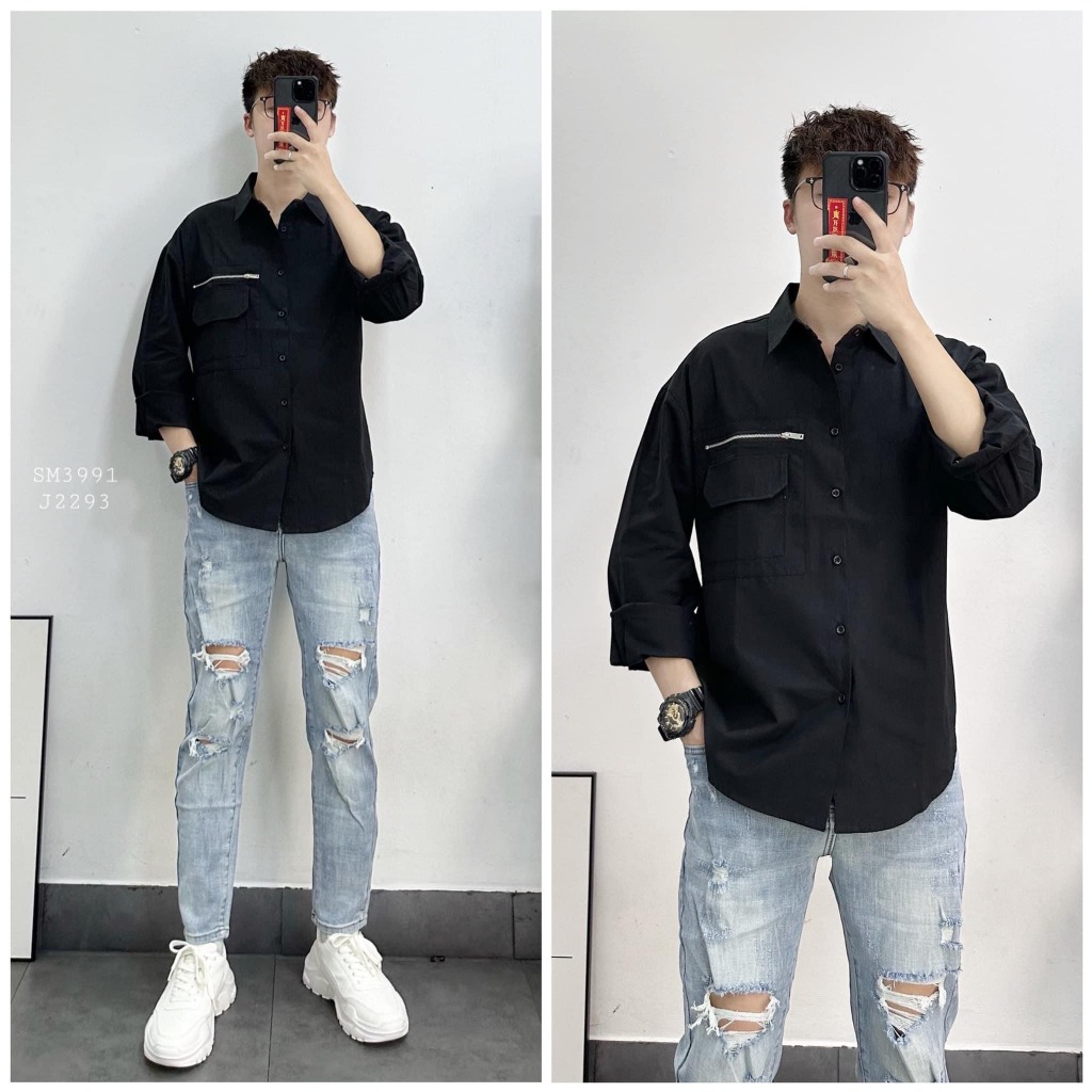 Áo sơ mi nam nữ dài tay Basic màu trắng và đen sơ mi lụa mịn mát