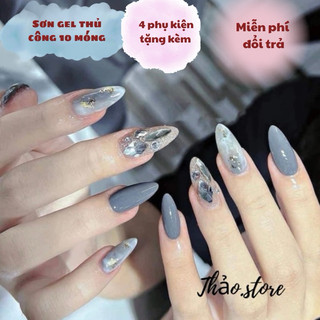 Nailbox thiết kế nhiều mẫu , móng tay giả đính đá sang trọng 10 móng, mãu nail loang màu xanh ngắn