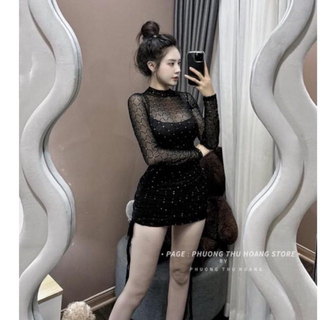 váy body nữ , đầm lưới tay dài rút dây đính đá kim sa