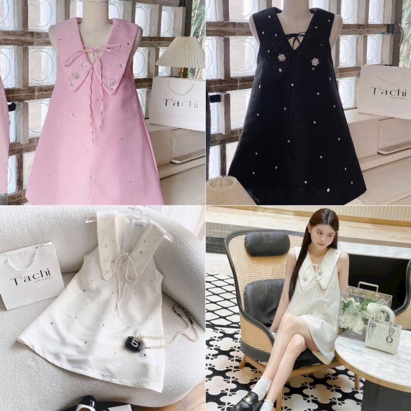 ĐẦM SUÔNG CỔ PETER ĐÍNH ĐÁ THẮT NƠ