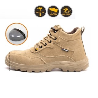   Mũi Thép-Đế Kevlar Giày Bảo Hộ Lao Động Cổ Cao GBH17,Giày Công Trình Da Lộn -Chống Đinh,Va Đập Tăng Ma Sát-Màu Be 