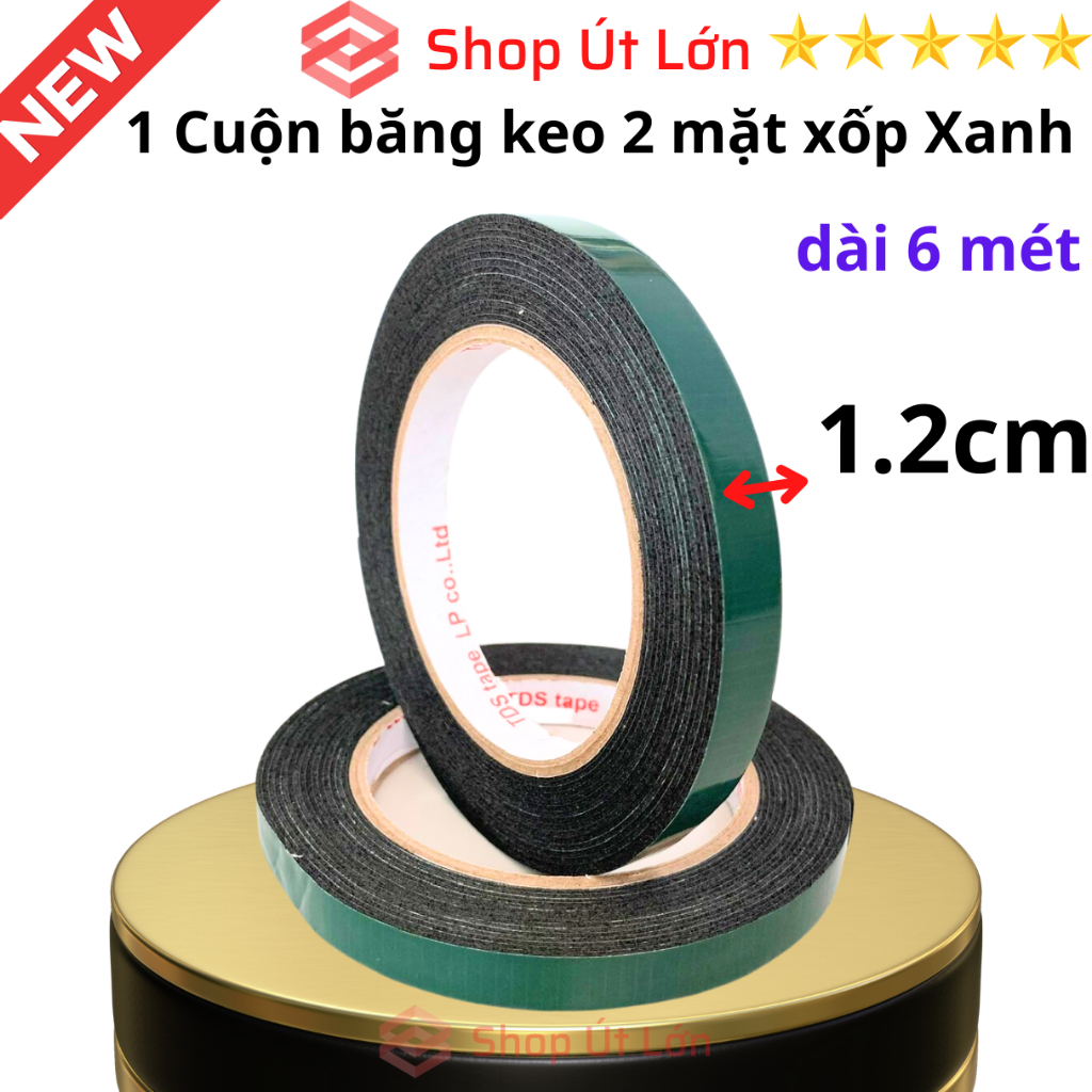 1 Cuộn băng keo 2 mặt xốp xanh rộng 1.2cm, dài 6 mét, độ dầy 1mm, lõi giấy 3mm