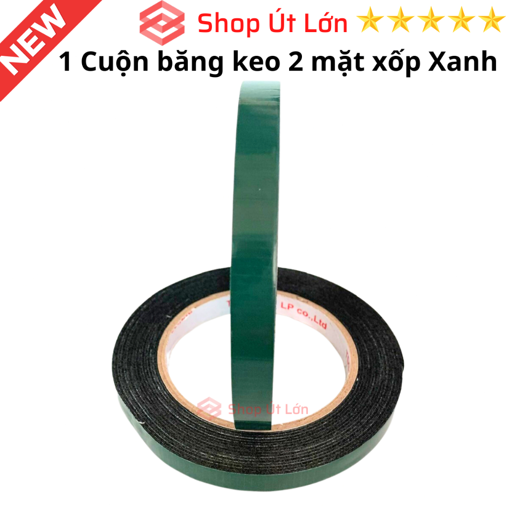 1 Cuộn băng keo 2 mặt xốp xanh rộng 1.2cm, dài 6 mét, độ dầy 1mm, lõi giấy 3mm