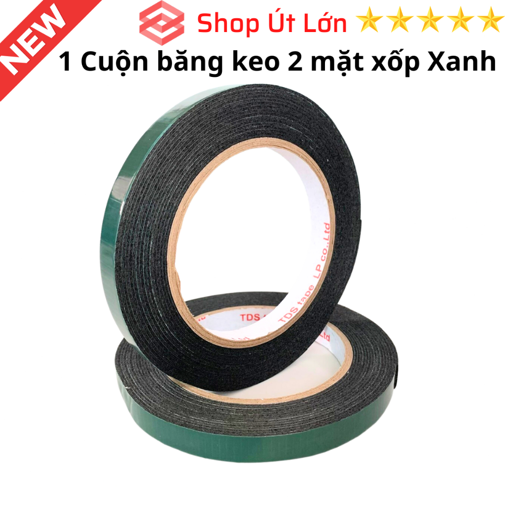 1 Cuộn băng keo 2 mặt xốp xanh rộng 1.2cm, dài 6 mét, độ dầy 1mm, lõi giấy 3mm