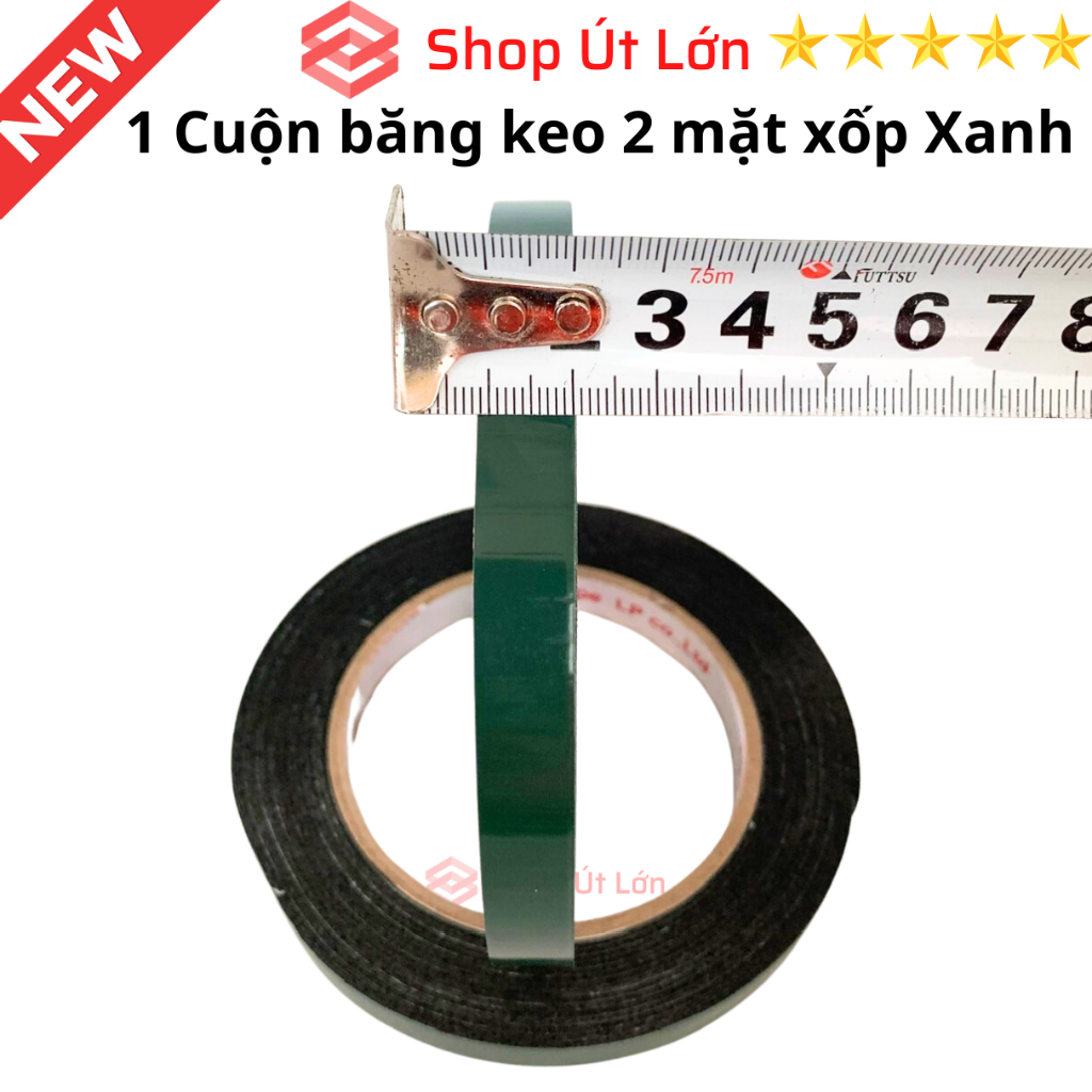 1 Cuộn băng keo 2 mặt xốp xanh rộng 1.2cm, dài 6 mét, độ dầy 1mm, lõi giấy 3mm