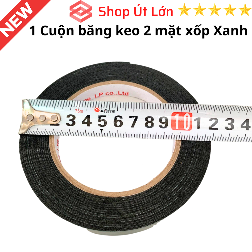 1 Cuộn băng keo 2 mặt xốp xanh rộng 1.2cm, dài 6 mét, độ dầy 1mm, lõi giấy 3mm