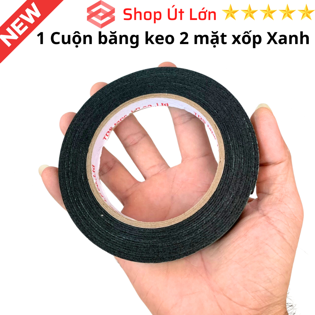 1 Cuộn băng keo 2 mặt xốp xanh rộng 1.2cm, dài 6 mét, độ dầy 1mm, lõi giấy 3mm