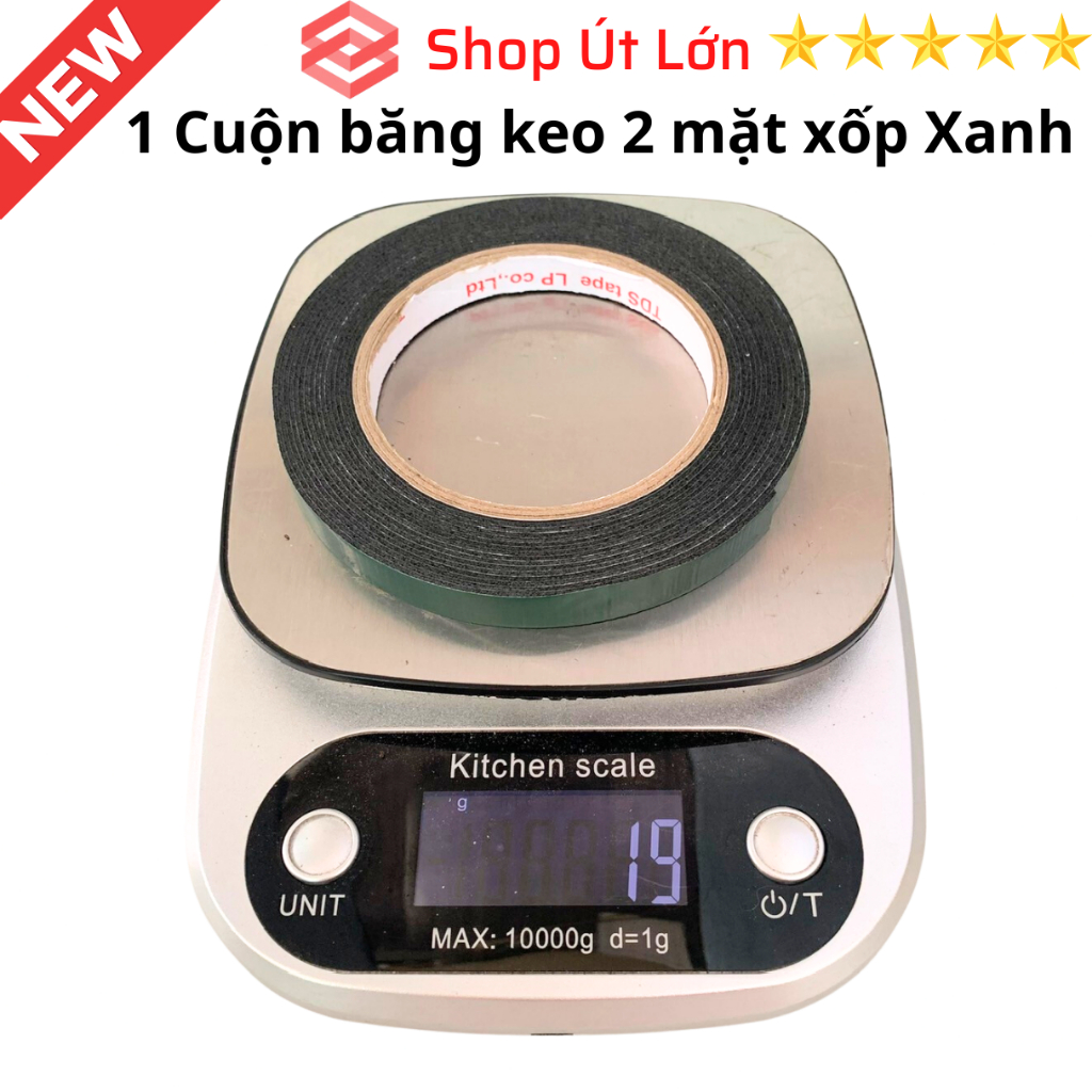 1 Cuộn băng keo 2 mặt xốp xanh rộng 1.2cm, dài 6 mét, độ dầy 1mm, lõi giấy 3mm