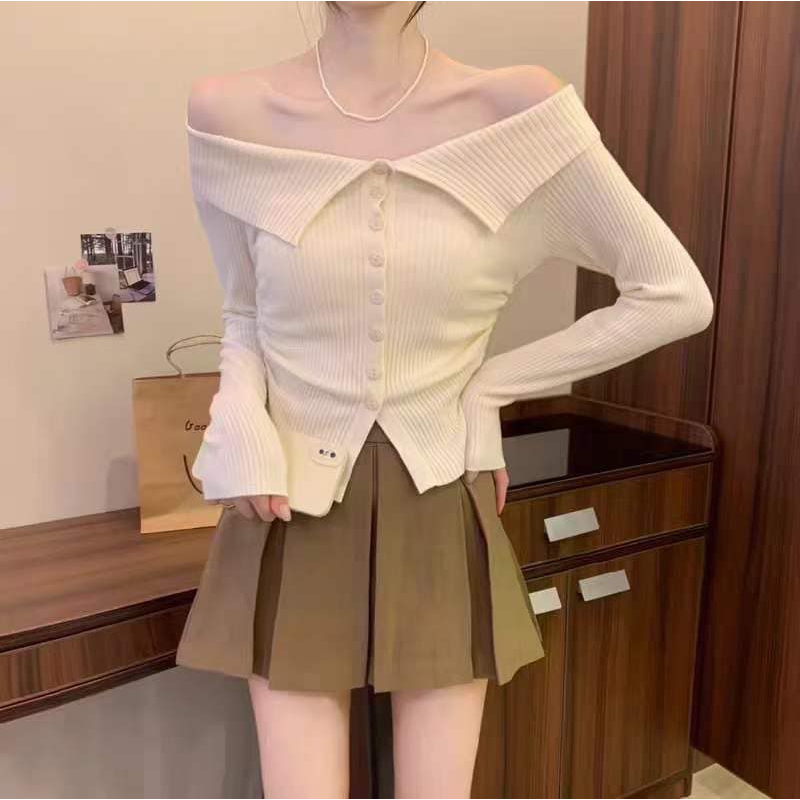 Áo len mềm cúc trễ vai tay dài 6 màu