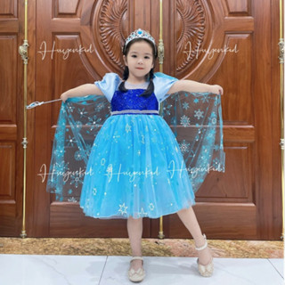 Váy Elsa Bé Gái Thiết Kế Kèm Áo Choàng Bờm Nơ, Đầm Elsa Bé Gái Cao Cấp