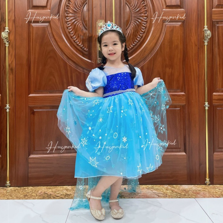 Váy Elsa Bé Gái Thiết Kế Kèm Áo Choàng Bờm Nơ, Đầm Elsa Bé Gái Cao Cấp