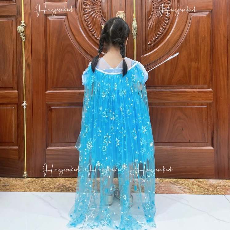 Váy Elsa Bé Gái Thiết Kế Kèm Áo Choàng Bờm Nơ, Đầm Elsa Bé Gái Cao Cấp