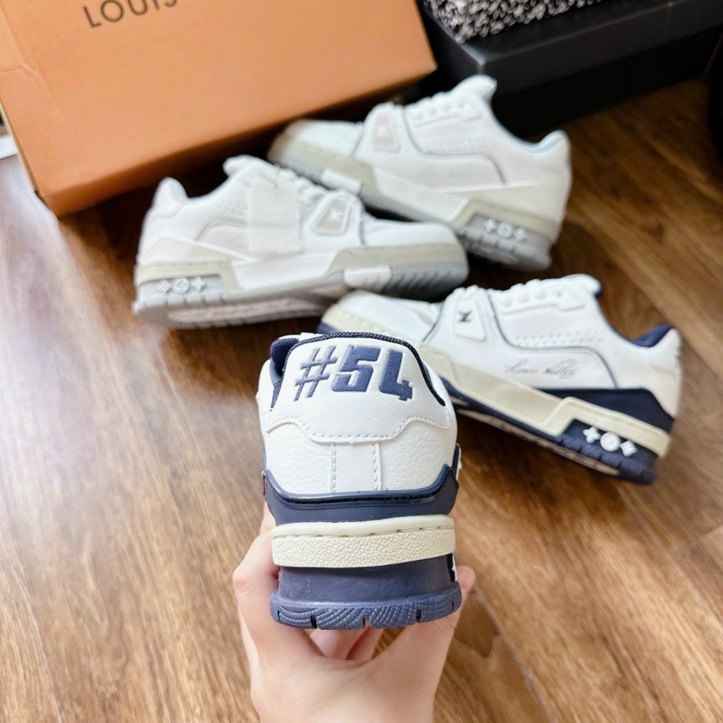 Giày Louis vuiton 54 trắng xám xanh cổ thấp, giày thể thao nam nữ CT LV 54 s cấp lót hoa mới
