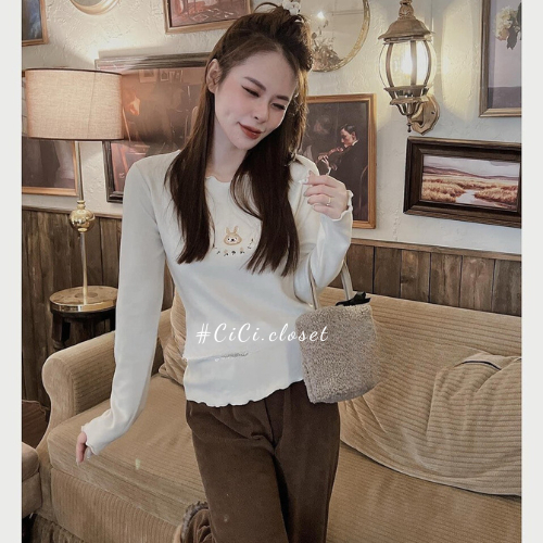 Áo len tăm nữ dài tay,áo thun tăm thêu hình thỏ viền sóng ôm body phong cách trẻ trung,cute