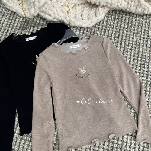 Áo len tăm nữ dài tay,áo thun tăm thêu hình thỏ viền sóng ôm body phong cách trẻ trung,cute