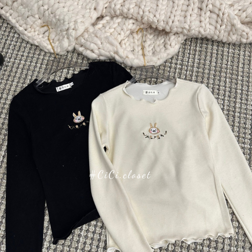 Áo len tăm nữ dài tay,áo thun tăm thêu hình thỏ viền sóng ôm body phong cách trẻ trung,cute