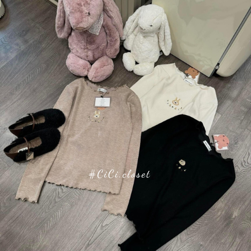 Áo len tăm nữ dài tay,áo thun tăm thêu hình thỏ viền sóng ôm body phong cách trẻ trung,cute