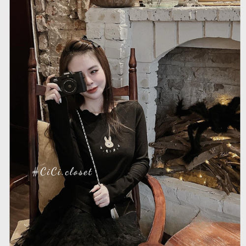 Áo len tăm nữ dài tay,áo thun tăm thêu hình thỏ viền sóng ôm body phong cách trẻ trung,cute