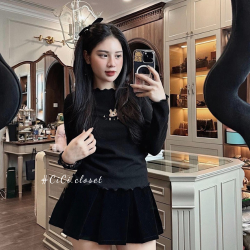 Áo len tăm nữ dài tay,áo thun tăm thêu hình thỏ viền sóng ôm body phong cách trẻ trung,cute