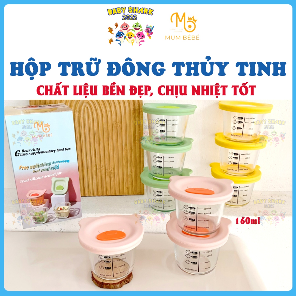 Hộp trữ đông, cốc nấu cháo thủy tinh Mumbebe cao cấp, nắp chịu nhiệt an toàn, dày dặn, có vạch chia ml